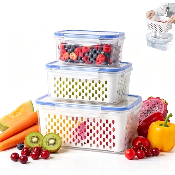 3PCS Fruit Storage Containers for Fridge with Removable Colander – Airtight Berry & Produce Keeper, BPA-Free, Dishwasher Safe for Busy Families & Healthy Eaters(Blue)