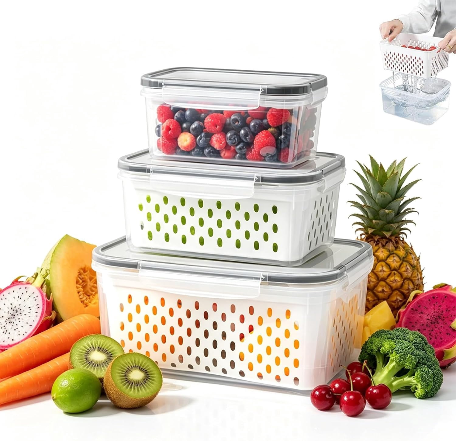 3PCS Fruit Storage Containers for Fridge with Removable Colander – Airtight Berry & Produce Keeper, BPA-Free, Dishwasher Safe for Busy Families & Healthy Eaters(Gray)