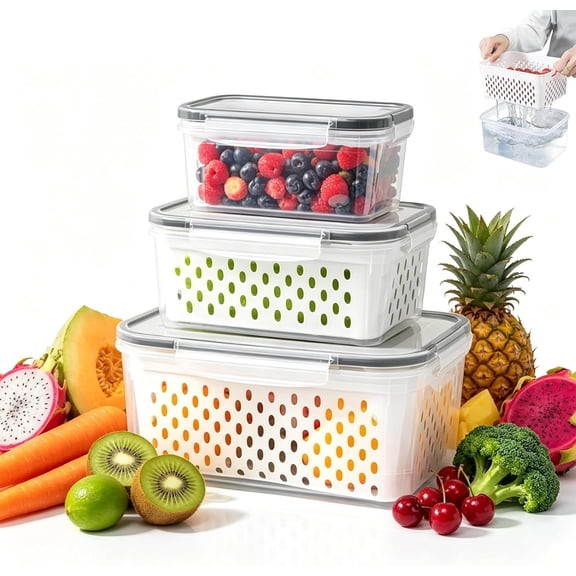 3PCS Fruit Storage Containers for Fridge with Removable Colander – Airtight Berry & Produce Keeper, BPA-Free, Dishwasher Safe for Busy Families & Healthy Eaters(Gray)