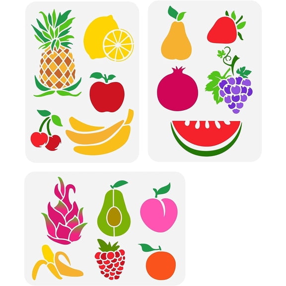 3PCS Fruits Painting Stencil 11.7x8.3 inch Hollow Out Banana Lemon Cherry Avocados Stencil Reusable Plastic Strawberry Pear Watermelon Drawing Stencils for DIY
