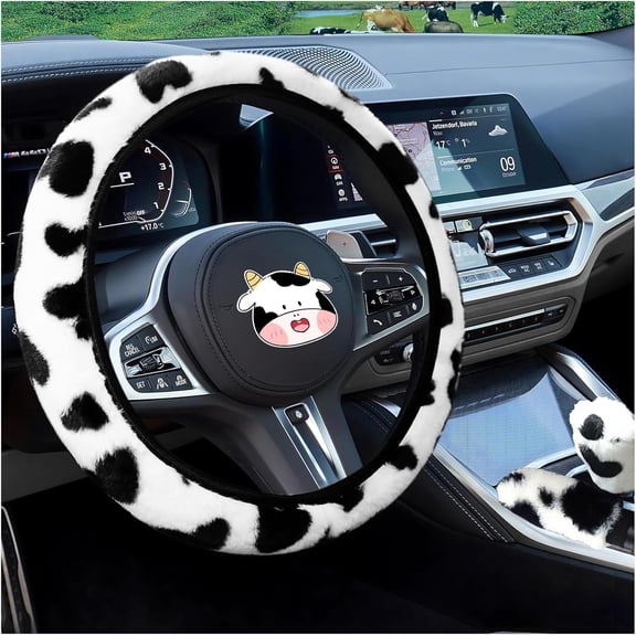 3PCS Furry Cow Print Steering Wheel Cover,Auto Plush Cute Cows Shift Gear & Hand Brake Covers Soft Warm Universal Car Interior Accessories for Women Men(Black)