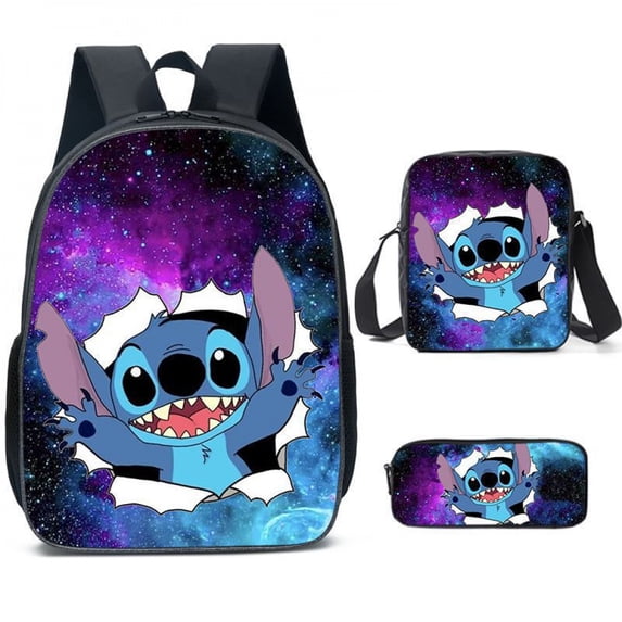 3PCS Galaxy Style Blue Alien Backpack Set Anime-Inspired Travel Bag Combo with Shoulder Bag Pouch Trendy Couple Gift Idea