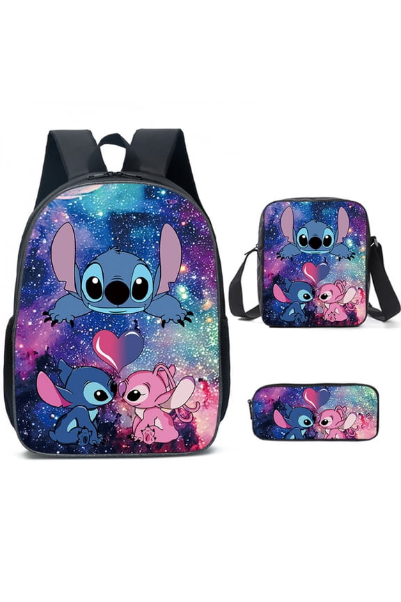 3PCS Galaxy Style Blue Alien Backpack Set Anime-Inspired Travel Bag Combo with Shoulder Bag Pouch Trendy Couple Gift Idea