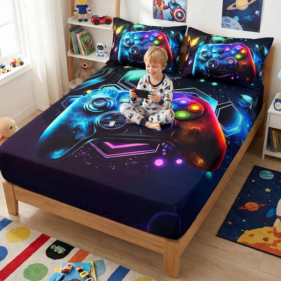 3PCS Gamer Fitted Sheet Set, Neon Game Controller Print, Deep Pocket, HD Printing, For Bedroom & Dorm（088,Twin)