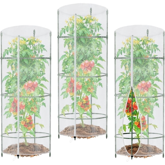 3PCS Garden Netting for Tomato Plants, 57" x 15.7" Round Cage Bird Plant Cover Insect Barrier Mesh with Zipper, Trellis Protection Net Climbing Plants Vegetables