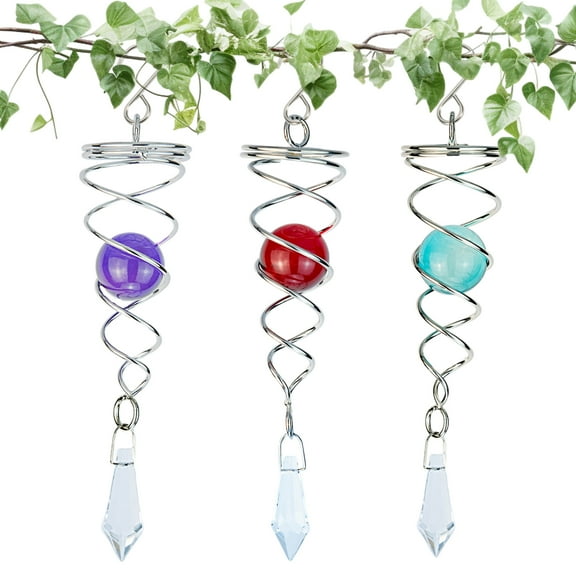 3PCS Gazing Ball Spiral Tail, Prefdo 4.5 inch Metal Wind Spinner Stabilizer, Crystal Glass Ball with Hanging Swivel Hook, Outdoor Yard Garden Wind Spinner Decorations(Red,Lake Blue,Purple)