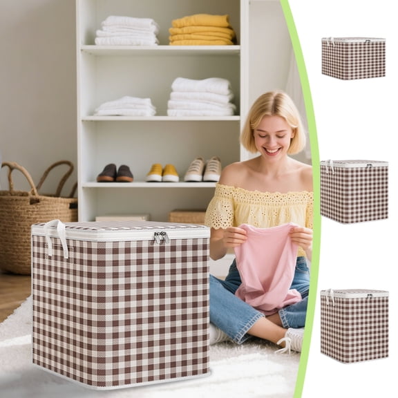 3PCS Gingham Checkered Storage Boxes with Lid, Foldable Storage Bins with Lids Stackable Storage Bags Cube Closet Organizer Bins with Flip-Top Lid & Handles for Shoes Books Towels(Coffee)