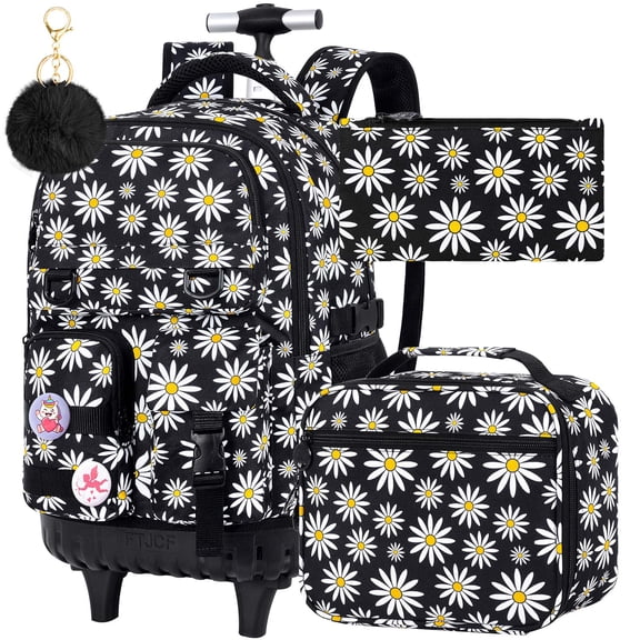 3PCS Girls Daisy Pattern Rolling Backpack Set, Wheeled School Bag with Lunch Box for Kids, Black