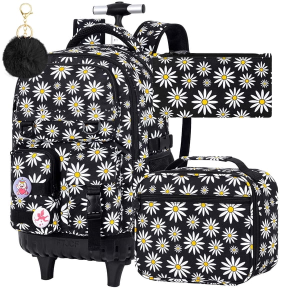 3PCS Girls Daisy Pattern Rolling Backpack Set, Wheeled School Bag with Lunch Box for Kids, Black