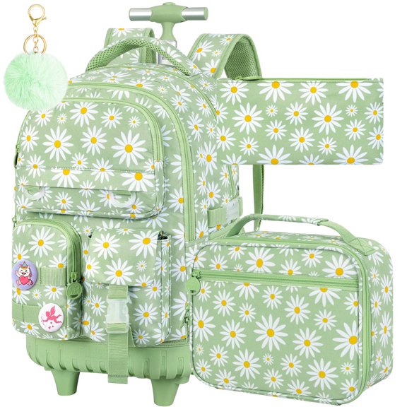 3PCS Girls Daisy Pattern Rolling Backpack Set, Wheeled School Bag with Lunch Box for Kids, Green