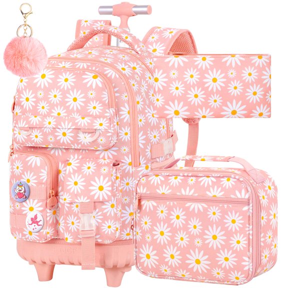 3PCS Girls Daisy Pattern Rolling Backpack Set, Wheeled School Bag with Lunch Box for Kids, Pink