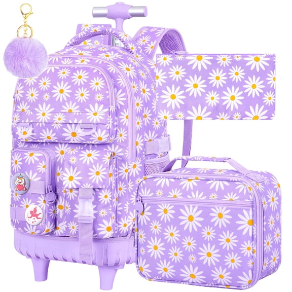 3PCS Girls Daisy Pattern Rolling Backpack Set, Wheeled School Bag with Lunch Box for Kids, Purple