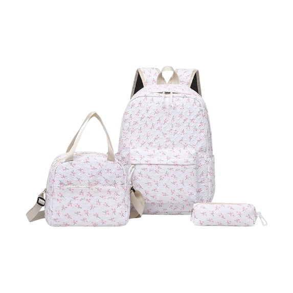 3PCS Girls School Backpack Set with Lunch Bag & Pencil Case, Aesthetic Beige Floral Print Laptop Bookbag for Teens Kids, Durable Nylon Student Rucksack for Elementary Middle High School