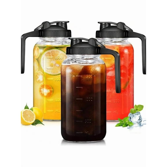 3PCS Glass Milk Jugs, 64oz Wide-Mouth Breast Milk Jugs, With Measurement Markings, Leak-Proof Lids, Ergonomic Handles, Suitable For Refrigerator, Sun Tea, Coffee, And Family Gathering Cups