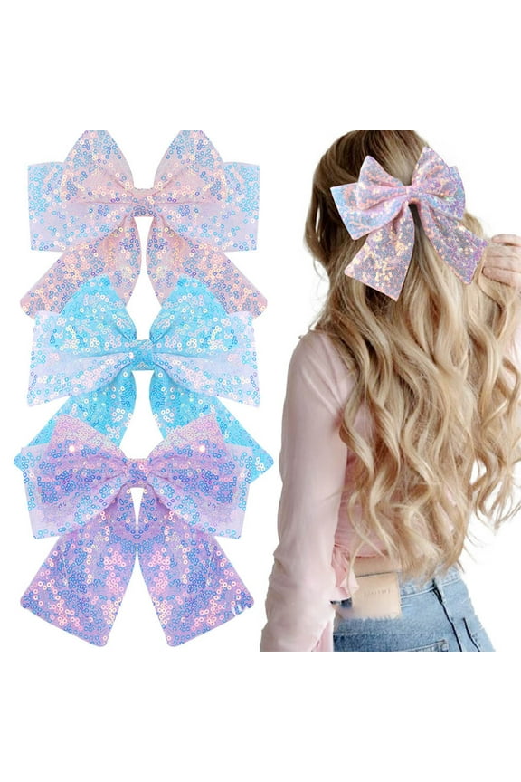 3PCS Glitter Hair Bows with Tails Sparkly Layered Sequin Bow Hair Clip Barrette Teens Toddler Cheerleader Girls Women outfit Back School Uniform Decor Accessories Gift