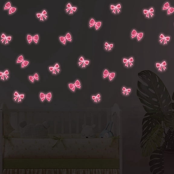 3PCS Glow in The Dark Pink Bow Wall Stickers Pink Bow Knot Wall Decals Watercolor Room Mural Stickers for Valentine's Day Girls Party Home Bedroom Nursery