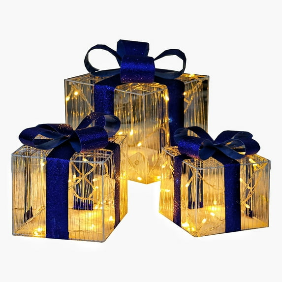 3PCS Glowing Christmas Gift Box Set with Blue Bows – LED Light-Up Decorative Boxes for Tree Skirt, Window, Mall, Hotel or Yard – Battery Powered Xmas Ornaments