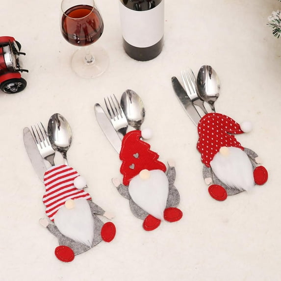 3PCS Gnome Cutlery Holder Pouch Bags Christmas Silverware Holder Pocket Tableware Cutlery Organizers Knife Fork Flatware Bags Christmas Party Dinner Table Supplies