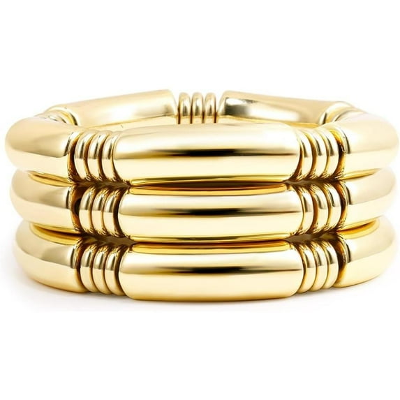 3PCS Gold Chunky Bangles Bracelets for Women 14k Gold Plated Stack Layered Curved Bamboo Tube Stretch Bracelets Gift Jewelry