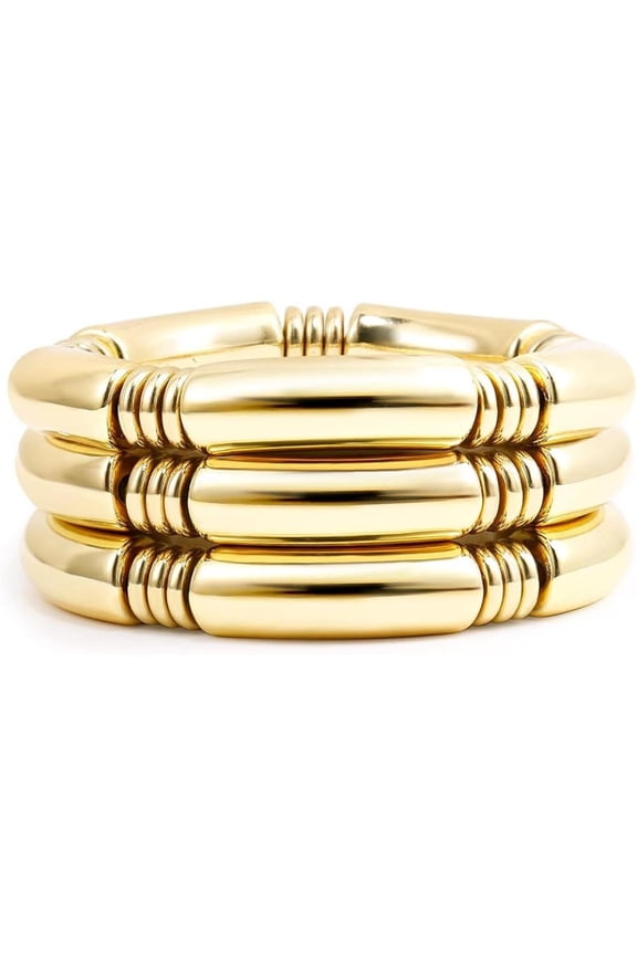 3PCS Gold Chunky Bangles Bracelets for Women 14k Gold Plated Stack Layered Curved Bamboo Tube Stretch Bracelets Gift Jewelry
