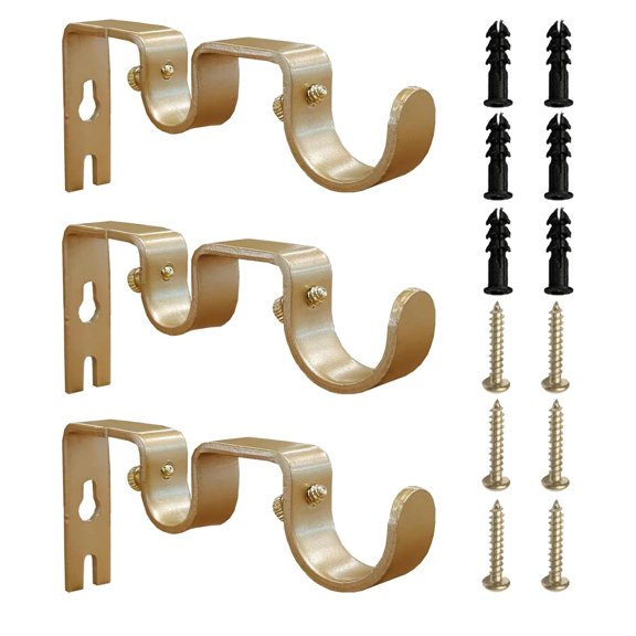 3PCS Gold Curtain Rod Bracket, Heavy Duty Double Curtain Rod Hanging Brackets Wall Mount, Drapery Rod Bracket, Adjustable Curtain Rod Holders for Window, Home Curtain Rods (Golden)
