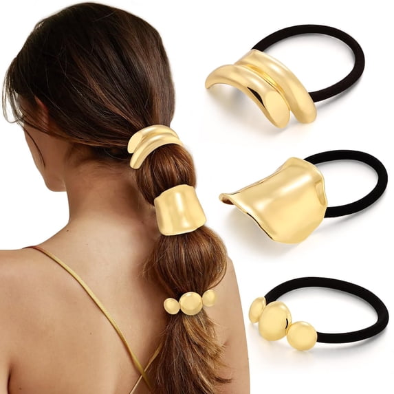 3PCS Gold Metal Hair Ties for Thick Hair, Elegant Durable Geometric Design, Hair Accessories Stretchy Ponytail Cuff Holders, 3 Styles for Holiday Gifts