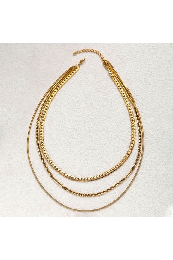 Layered Stackable Herringbone Cuban Paperclip Beaded Chain Set Gold Necklaces, Titanium, 3PC Set