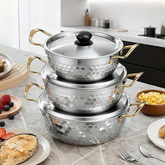 3PCS Golden Stainless Steel Pots with Lids, Nonstick Cookware Set, Dishwasher Safe Cooking Pots for Noodles, Soup, Curry, Home Kitchen, Outdoor Gatherings and Picnics