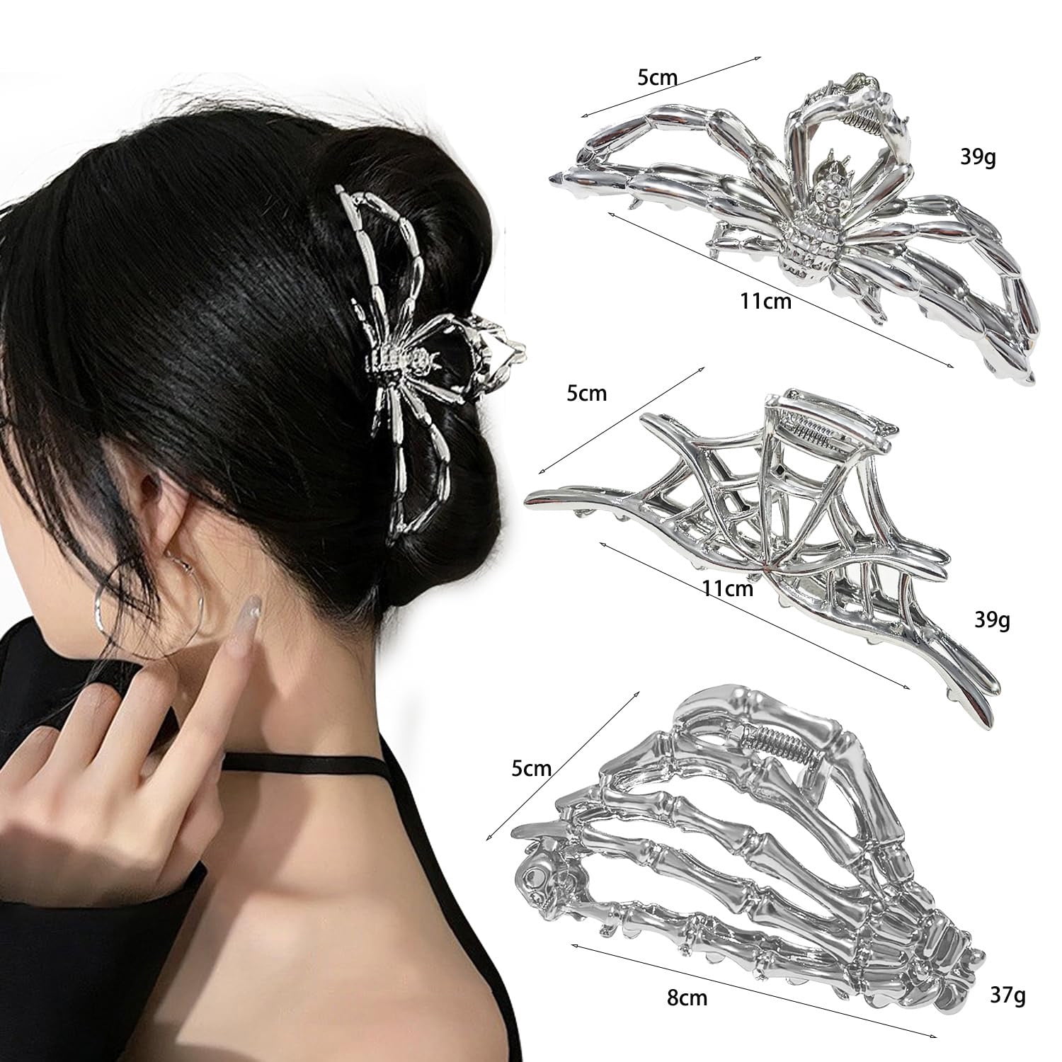 3PCS Black Spider Web Skeleton Hand Skull Hair Claw Clips for Women And Girls ?40% OFF!!!?3PCS Halloween Hair Clips and 1 Pair Skull  main image 4