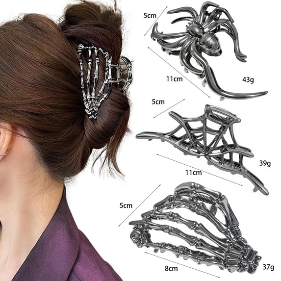 3PCS Gothic Accessories Black Spider Web Skeleton Hand Skull Cute Large Hair Claw Clips for Women Goth Accessories Cute Hair Clips Skeleton Hair Clip, Halloween Decoration