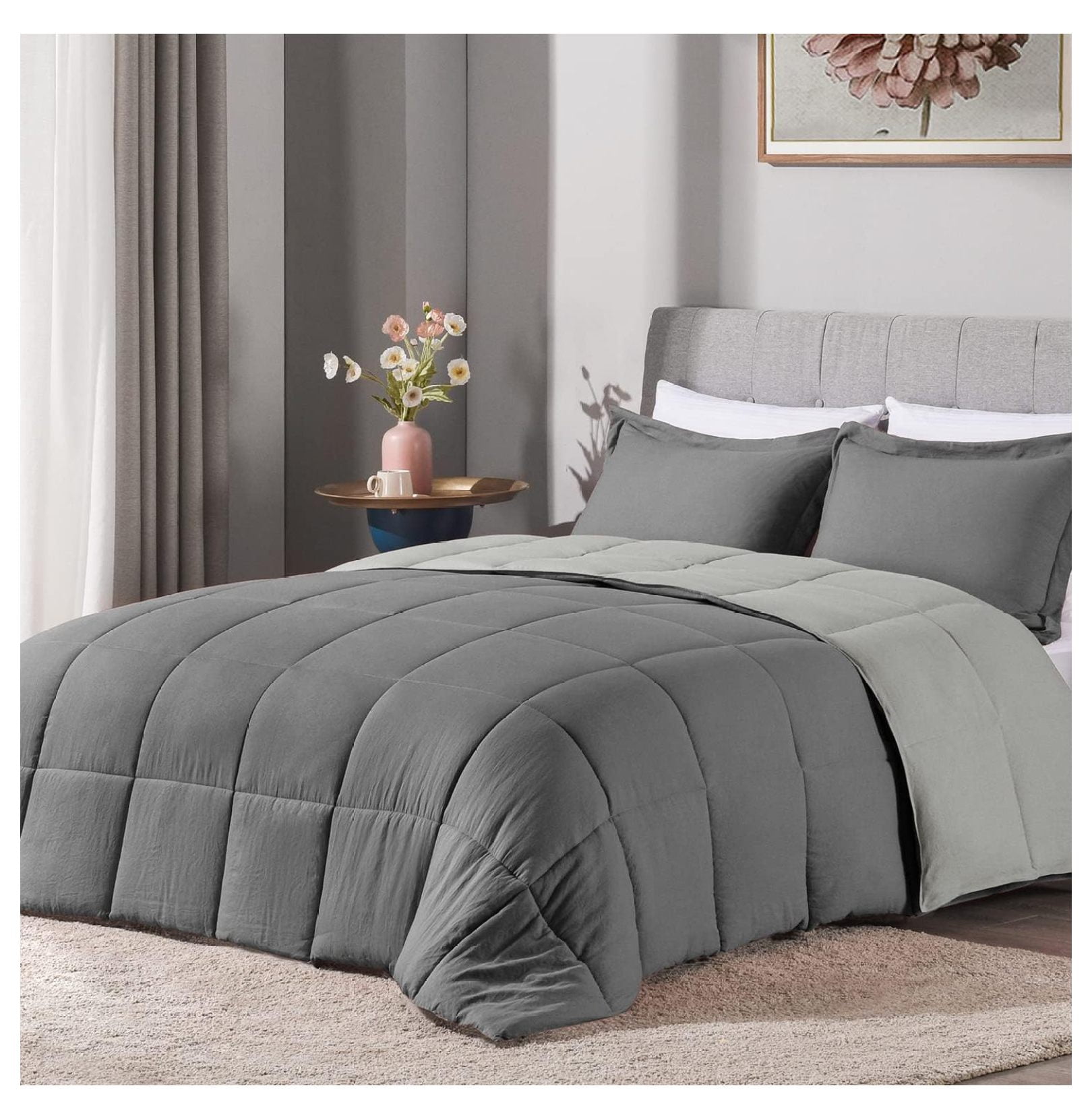 3PCS Grey King Comforter Sets Ultra Soft Washed Microfiber Comforter