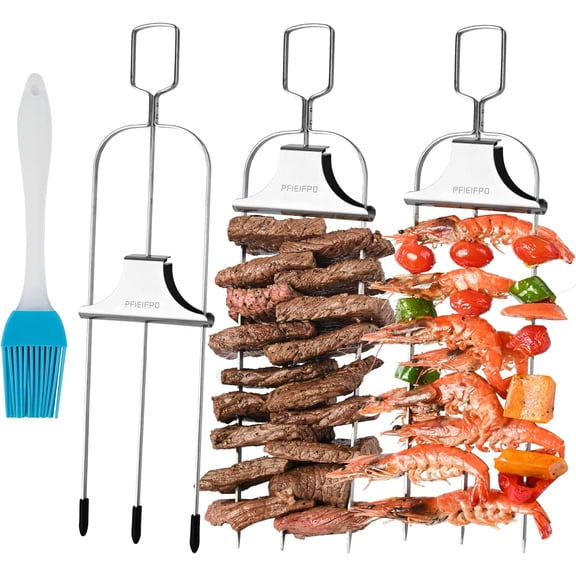 3PCS Grilling Savant 3 Way Skewers,14 Inch Metal Skewers for Grilling,Easy to Use Push Bar Slider, BBQ Accessory, Perfect for Meat,Veggies,Fruits,Marshmallow Roasting Sticks Grill Kabob Skewer.