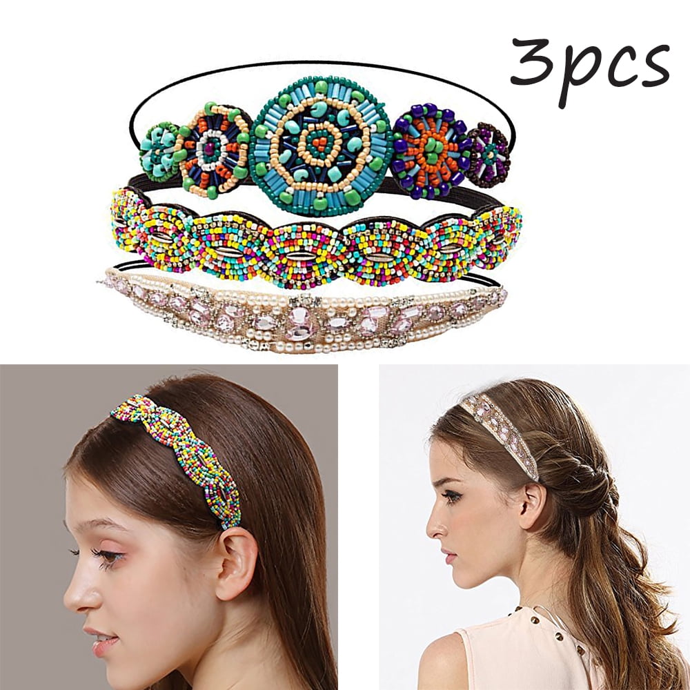 3PCS Hair Bands Fashion Rhinestones Beaded Elastic Headbands Hair