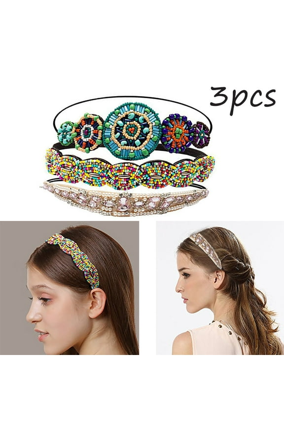 3PCS Hair Bands Fashion Rhinestones Beaded Elastic Headbands Hair Styling Accessories for Girls Teen Women