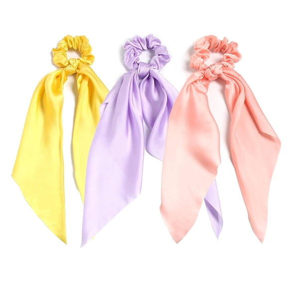 3PCS Hair Scarf Scruncheis for Women Knotted Bow Hair Ties Elastic Bands Satin Hair Ribbon Scrunchy Red Ponytail Holder for Women and Girls (Yellow Lilac Pink)