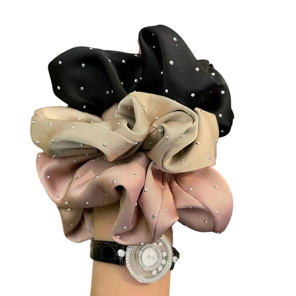 3PCS Hair Scrunchies with Rhinestones and Pleated Detail Ponytail Holder Fashion Hair Accessories for Daily Use