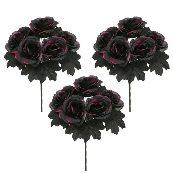 3PCS Halloween Black Roses Flowers, Multi-Heads Faux Black Pink Edge Rose Stems, Artificial Gothic Floral Decor for Halloween Haunted House Party Layout