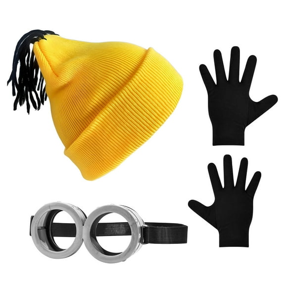 3PCS Halloween Costume Accessories, Yellow Beanie Glasses Gloves Cosplay Set