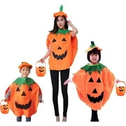 3PCS Halloween Costume Pumpkin Costume Set for Adults Kids, Halloween Cosplay Party Clothes with Hat and Bag Unisex (Orange)