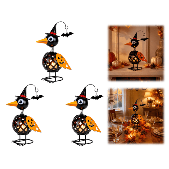 3PCS Halloween Decorations Metal Crow Pumpkin Candle Holder, Rustic Wrought Iron Crow Candle Holder, Pumpkin Bat Accent for Mantel Fireplace Holiday Decor
