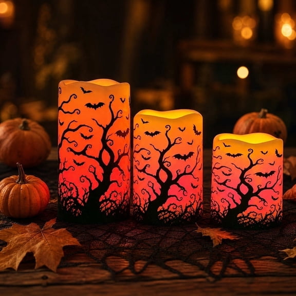 3PCS Halloween Electronic Candle Lamp Set, Flickering Ambient Plastic Light with Remote Control for Indoor Outdoor Party and Home Decorations