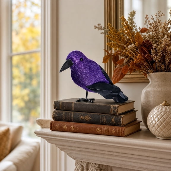 3PCS Halloween Glitter Crow Prop 5.9 Inch Sparkling Purple Feathered Raven Figurine with Black Beak for Spooky Tabletop Mantel Party Pumpkin Decor