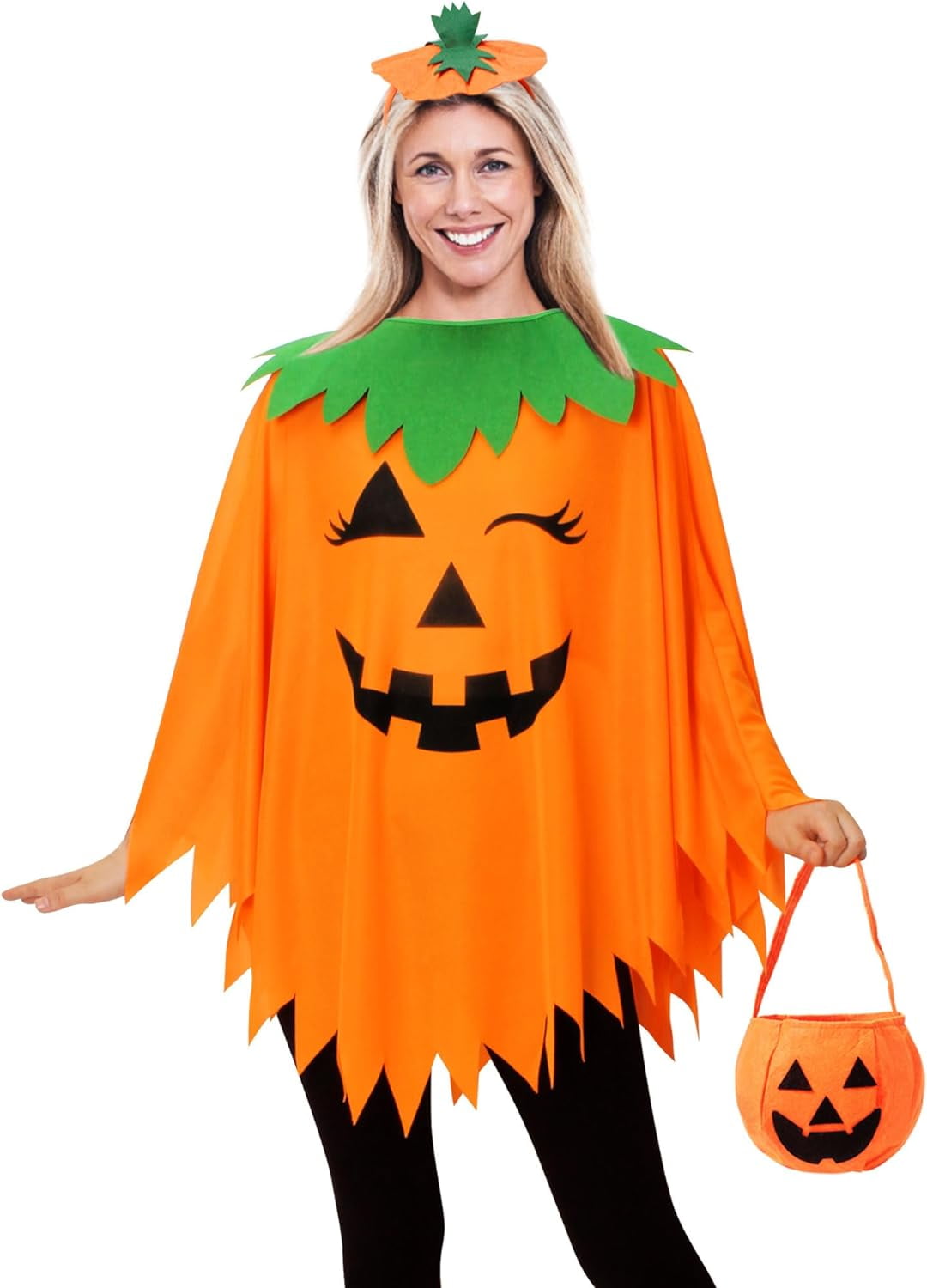 3PCS Halloween Pumpkin Costume for Women,Pumpkin Poncho for Adults with ...