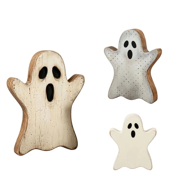 3PCS Halloween Rustic Wooden Ghost Signs Cute Pink and White Spooky Farmhouse Tiered Tray Decorations Autumn Tabletop Home Ornaments Gift Set