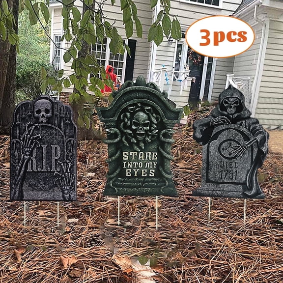 Gamexcel Halloween Gravestone Yard Signs, 3 Pack Tombstone Decorations with Stakes for Lawn, Garden and Haunted House