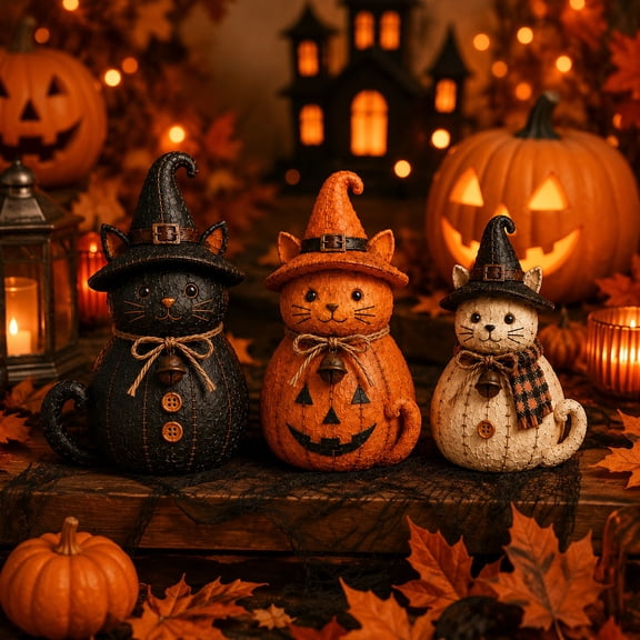 3PCS Halloween Witch Cat Tabletop Figurines, Vintage Halloween Decor Set Black Cat Dog Figurines with Pumpkin,Bow and Bell, Rustic Farmhouse Fall Decor for Mantel Shelf Tabletop Home Party