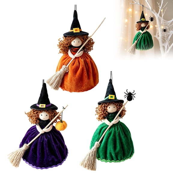 3PCS Halloween Witch Doll, Vintage Cloth Witch with Broomstick Home Decor, Small Witch Figurine Halloween Tabletop Ornament, Unique Gift