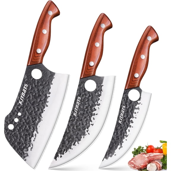 3PCS Butcher Knife Set, Razor Sharp Hand Forged Meat Cleaver & Boning Knives for Meat & Bone Cutting, Kitchen Knives for Cooking BBQ, Gift for Men & Women