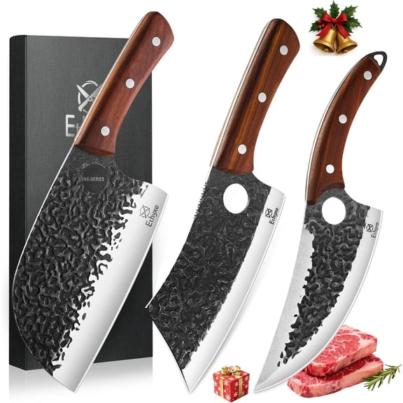 3PCS Hand Forged Kitchen Knife Set with Serbian Chef Knife, Viking Boning Knife & Meat Cleaver, High Carbon Steel for Meat Cutting, Outdoor BBQ, Camping, Gift for Men