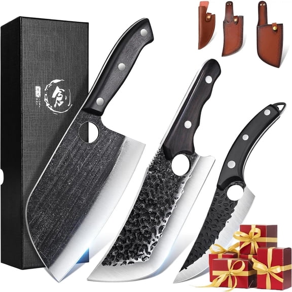 3PCS Hand Forged Meat Cleaver, Serbian Chef Knife, Viking Knives with Sheaths, Meat Cutting Chef Knives Set for Kitchen Camping BBQ, Gifts for Men and Women